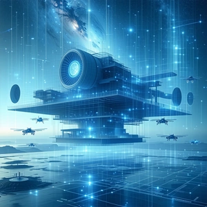 In This Futuristic Scene, A Large Space Station Is Surrounded By A Fleet Of Small Spaceships