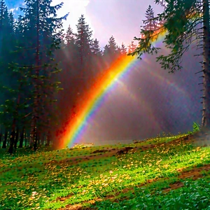 Nature Octane Render: Rainbow Over (forest:1.32) Clearing With Beautiful Rainbow