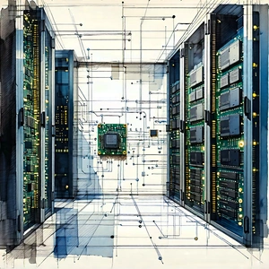 Tech Ink Drawing: Close-up Of Memory Module With Drawing Computer