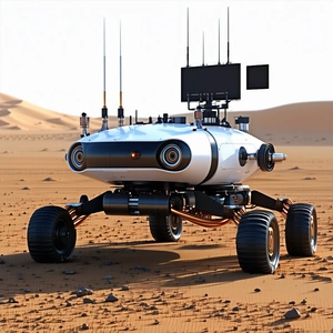 A Futuristic Robot Is Sitting In A Desert Landscape