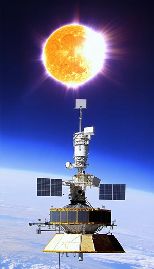 A Large Satellite Dish With A Sun Shining Brightly In The Sky Above It