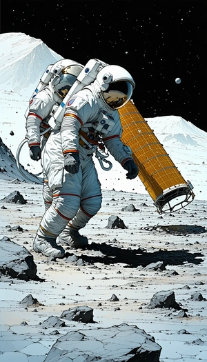 In The Image, There Are Two Astronauts Standing On The Moon, Each Carrying A Large Object