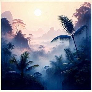Nature Woodcut Print: Tropical Plants In Misty Environment With Beautiful Sunset