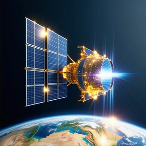 A Spacecraft With A Large Satellite Dish On Top, Flying Through The Sky