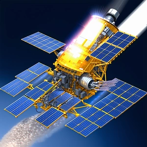 A Yellow Spacecraft Is Shown In A Blue Sky, With A Large Solar Panel On Its Side