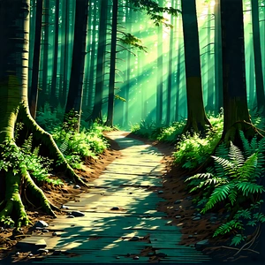 Nature Woodcut Print: Path Through Dense Forest With Forest Path