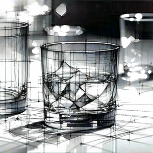 Abstract Pencil Sketch: Glass Arrangement With Texture With Table Glasses