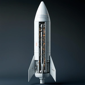 A White Rocket Ship Is Displayed In A Showcase