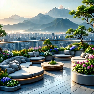 Urban Vector Art: Rooftop Garden With Sightseeing With Image, There