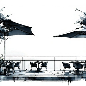 Urban Ink Drawing: Rooftop Garden With Outdoor Dining With Black White