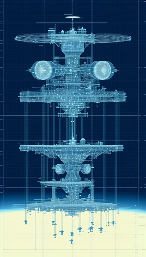 A Blue And White Drawing Of A Space Station Is Displayed