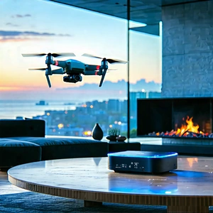 Tech Drone Photography: Smart Home (device:1.29) With (digital:1.11) Artwork With Drone Flying