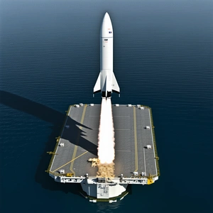 A Large Rocket Ship On A Runway, With A Trail Of Smoke Coming From It
