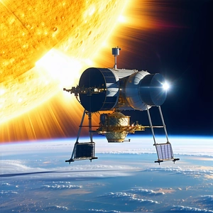 A Space Shuttle Is Flying Through The Sky, With The Sun Shining Brightly In The Background