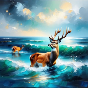 Nature Acrylic Painting: Deer In Ocean Waters With Image, There