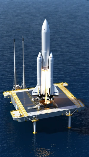 A Large White Rocket Ship On A Platform In The Ocean