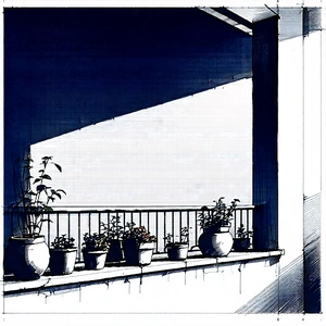 Lifestyle Ink Drawing: Balcony Garden With Warm Lighting With Black White