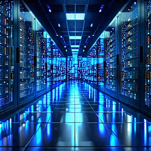 Server Rack With Digital Particles With Futuristic Data