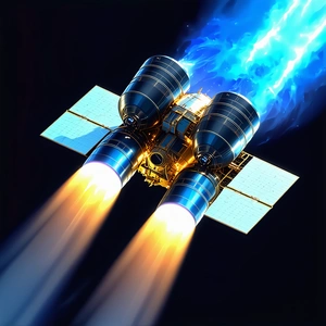 A Space Shuttle Is Shown In A Close-up View, With Its Engines Lit Up