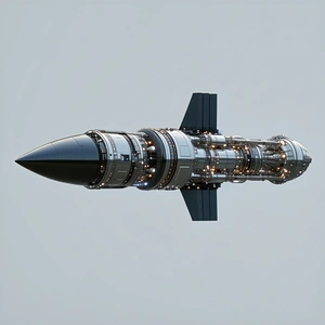A Large, Sleek, And Modern Spacecraft, Possibly A Rocket Or A Fighter Jet, Flying Through The Sky