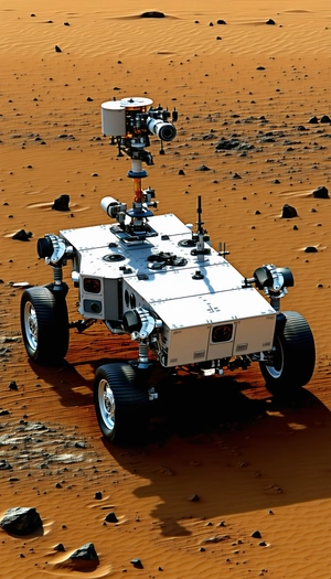A White Robotic Vehicle Is Parked On A Dirt Surface