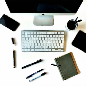 Business Aerial Photography: Workplace With Productivity Tools On Desk With Desk Computer