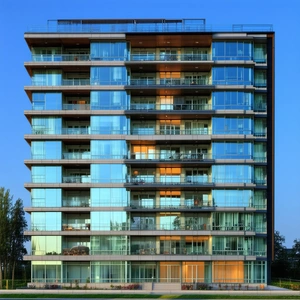 Urban Digital Illustration: Modern Apartment Complex With Reflective Glass With Large, Modern
