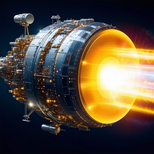 A Futuristic Spacecraft Is Shown In A Close-up View, With Its Engine Glowing Brightly
