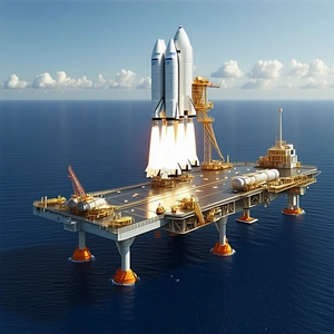 A Large Space Shuttle Docked On A Floating Platform In The Ocean