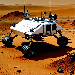 A White And Black Rover Vehicle Parked On A Dirt Surface