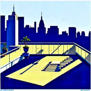 Urban Linocut Print: Rooftop Garden With Sightseeing With Painting Cityscape