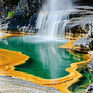 Nature Minimalist Design: Hot Spring Surrounded By Rocky Shores With Beautiful Waterfall