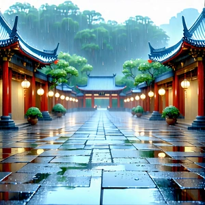 Urban Macro Photography: Cultural Center With (rain:1.28)-slicked Streets With Beautifully Designed