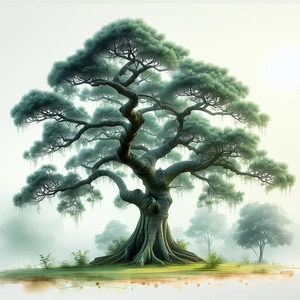 Nature Pencil Sketch: Ancient Tree In Misty Environment With Large, Tree