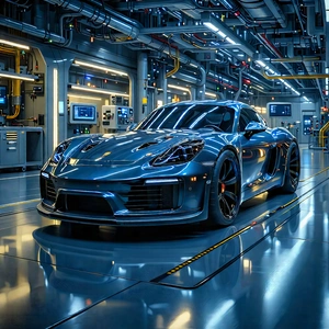 Tech Blender Artwork: Automotive Technology In Manufacturing Facility With Silver Sports