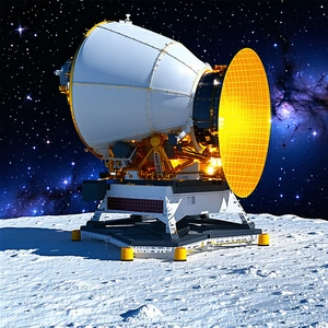 A Large White Satellite Is Sitting On A Rocky Surface, Possibly A Moon Or A Planet