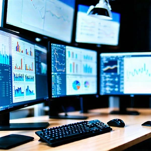 Business Tilt-Shift Photography: Legal professional using multiple monitors