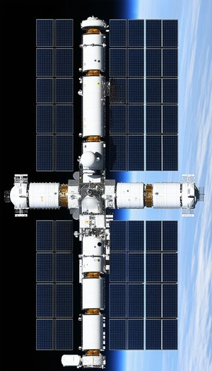 A Large Spacecraft With A Cross-shaped Structure, Likely A Space Station