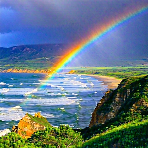 Nature Matte Painting: Rainbow Over Coastline With Beautiful Rainbow