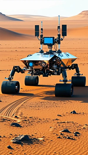 A Large Robotic Vehicle With A Dome-shaped Top, Driving Across A Sandy Terrain