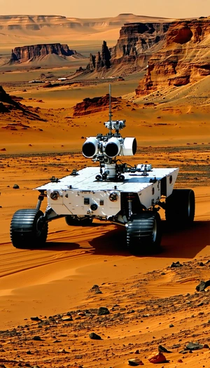 A White And Black Robotic Vehicle, Possibly A Rover, Driving Across A Sandy Terrain