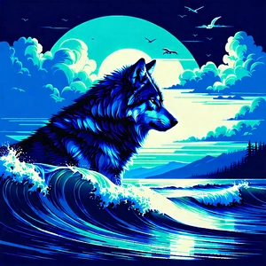 Nature Linocut Print: Wolf In Ocean Waters With Wolf Standing