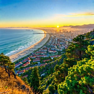 Urban Digital Illustration: Cityscape Of Coastal City During Sunset With Beautiful Sunset