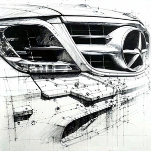 Tech Charcoal Drawing: Automotive Technology In Modern Laboratory With Drawing Car's