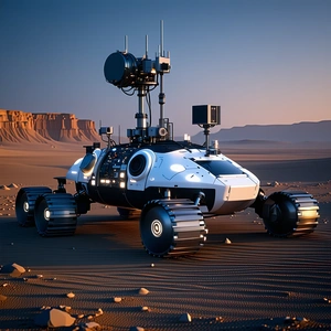 A Futuristic Vehicle Is Parked On A Sandy Surface, With A Large Antenna On Top