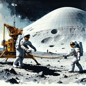 In The Image, There Are Two Astronauts Standing On The Moon, Wearing White Suits