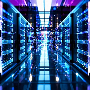 Server Rack With Holographic Projection With Futuristic, Blue-lit