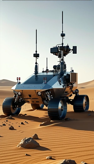 A Futuristic Robotic Vehicle Is Parked In A Desert-like Environment
