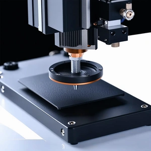A Machine Is Drilling A Hole Into A Piece Of Black Leather