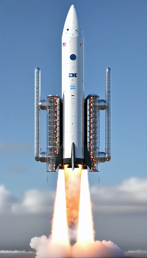 A Rocket Ship With A Blue And White Color Scheme, Flying Through The Sky